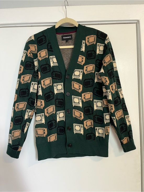 Bonobos Other - Bonobos Green Retro TV Pattern Cardigan button up mens small tan cashmere blend